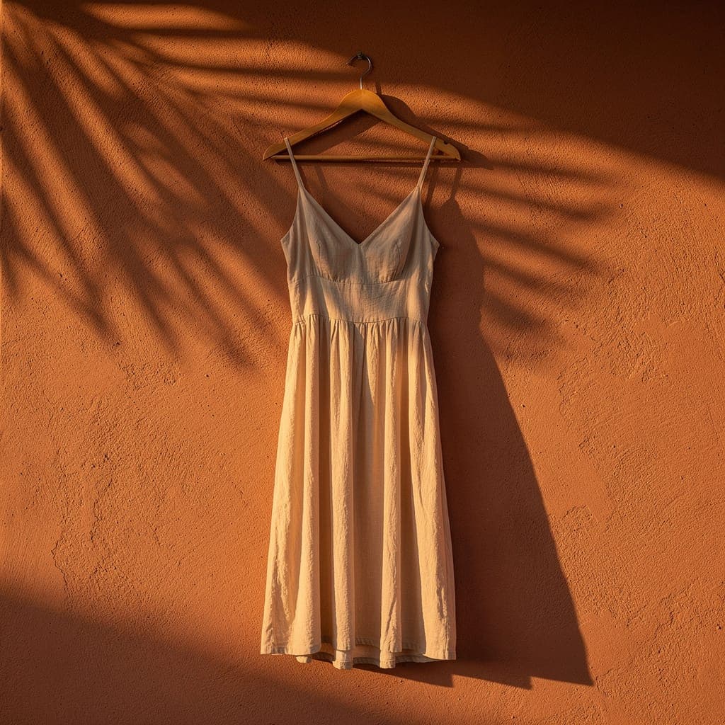 Anuncio generado con IA: vestido en una percha de madera contra una pared de terracota con luz de atardecer y sombras de palmera