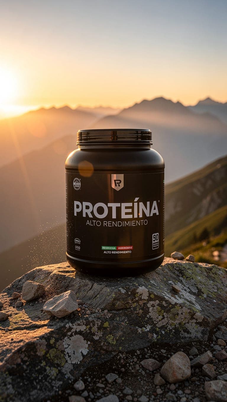 Anuncio generado con IA: bote de proteína sobre una roca con amanecer de montaña al fondo, formato vertical para stories